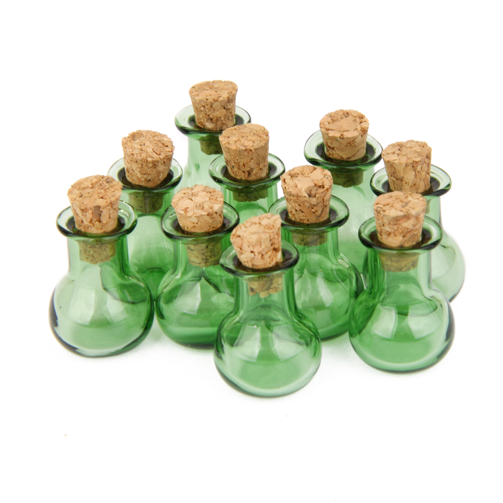 10 Glass Cork Bottles Flat Base Jars Vial Wishing Bottle DIY Pendants Green