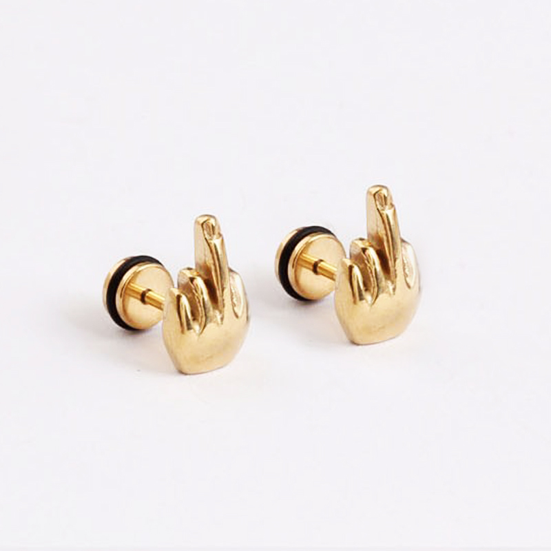 Fashion 316L Surgical Steel Middle Finger Shape Jewelry Stud Earrings Gold