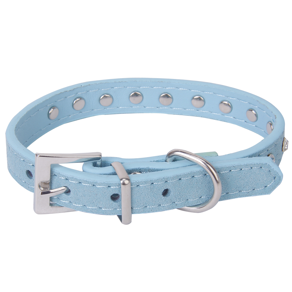 Pet Dog Cat Crystal Rhinestone Cow Suede Neck Collar Size XS - Blue
