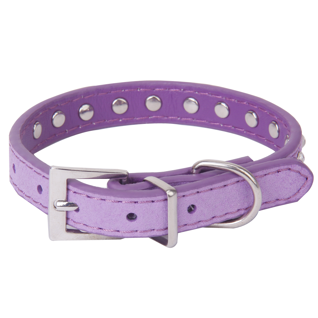 Pet Dog Cat Crystal Rhinestone Cow Suede Neck Collar Size XS - Purple