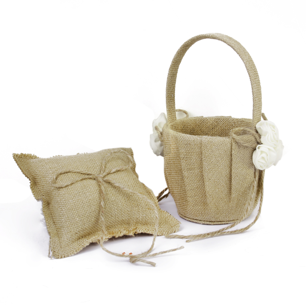 Vintage Retro Burlap Wedding Ivory Rose Flower Girl Basket Ring