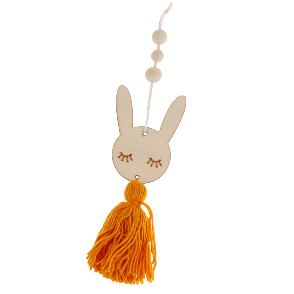 Nordic Wooden Beads Tassel Pendant Girls Wall Hanging Ornament Rabbit Yellow