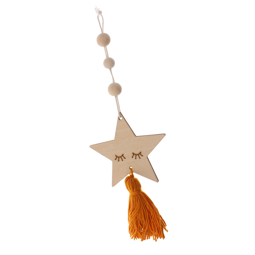 Nordic Wooden Beads Tassel Pendant Girls Wall Hanging Ornament Star Yellow