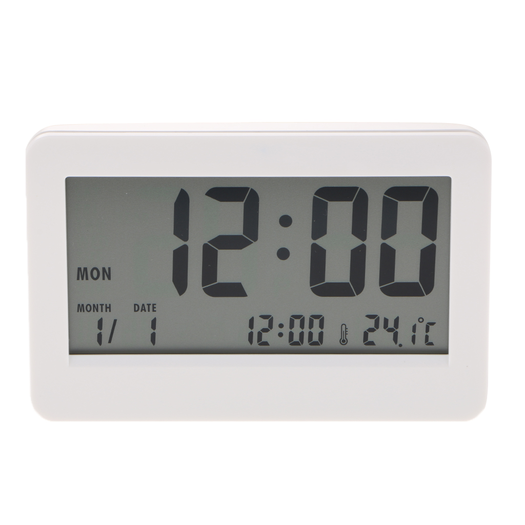 Large Digital LCD Calender Alarm Clock Temperature Snooze Table Clock White