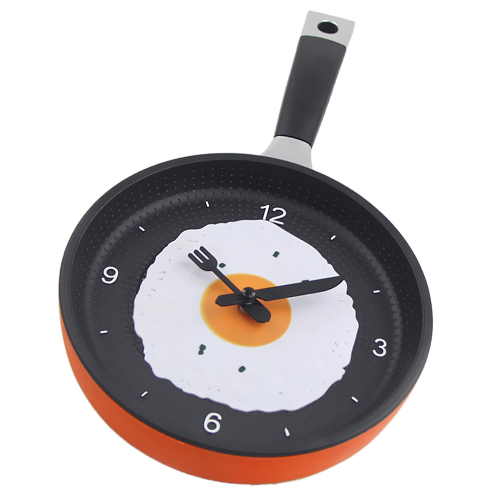 Creative Pan with Fried Egg Shape Wall Clock for Kitchen Bedroom Orange