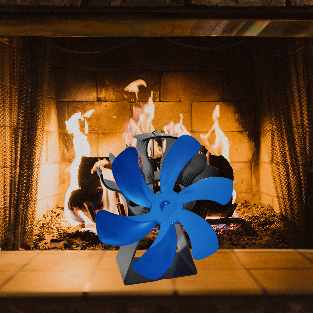 6 Blades Fireplace Fan Heat Powered Stove Fan for Wood/Log Burner/Fireplace Blue