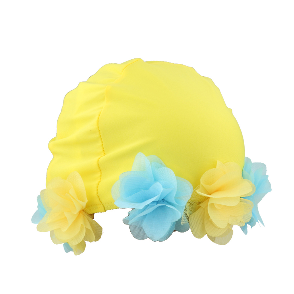 Kids Childrens Childs 0-6 Years Flower Fabric Swimming Hat Swim Cap Yellow