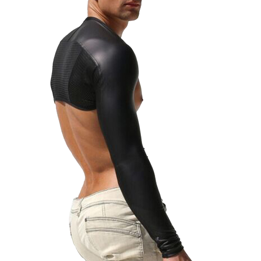 Sexy Mens Shrug Tight Arm Oversleeve Leather Mesh Splicing Underwear  L