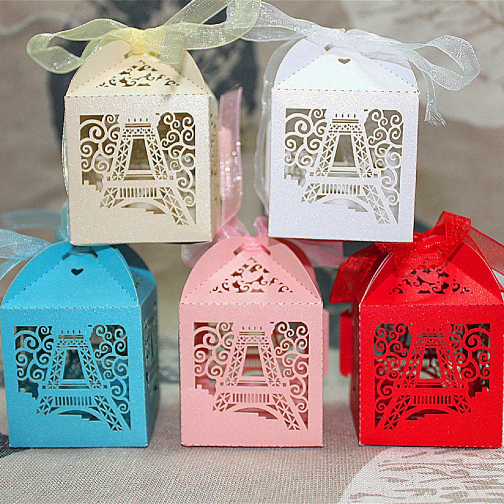 50pcs Tower Laser Cut Candy Boxes With Ribbon Wedding Party Favor Gift