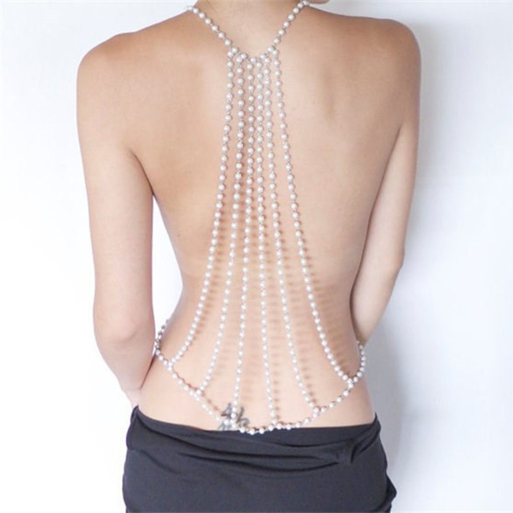 Multilayer Tassels Hollow Faux Pearl Sexy Bikini Back Body Harness Chain 