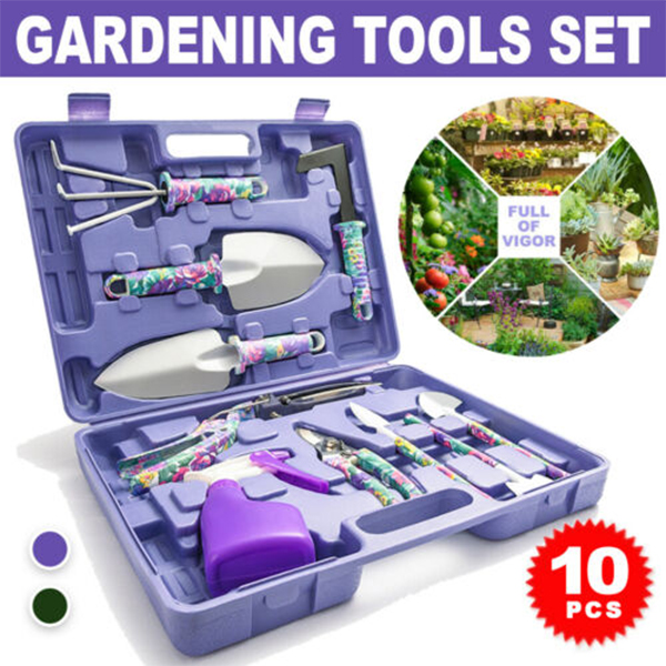 Compact Garden Tool Set 10Pcs Vegetable Flowers Gardening Hand Tools w/ Case