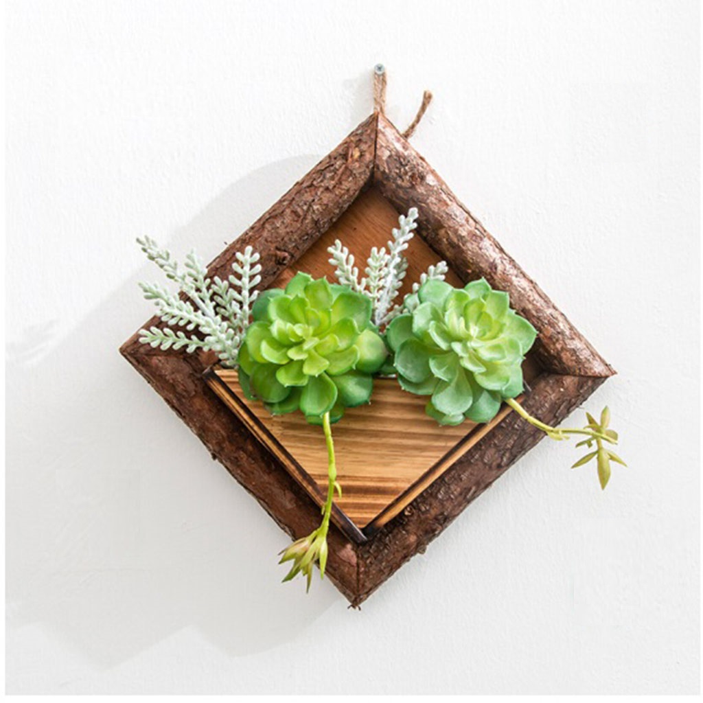 Handmade Wooden Wall-hanging Flowerpot with Flowers and Jute Rope B