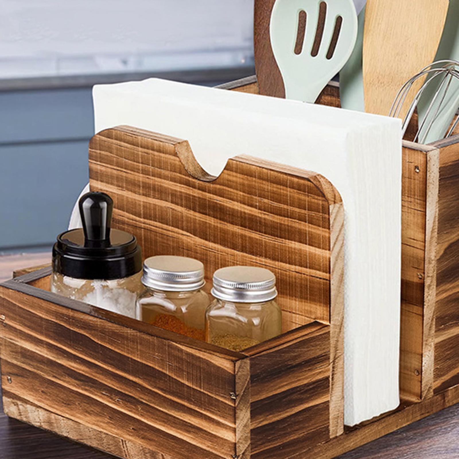 Wood Condiment Serving Caddy Desktop Tissue Holder Box for Household Cutlery