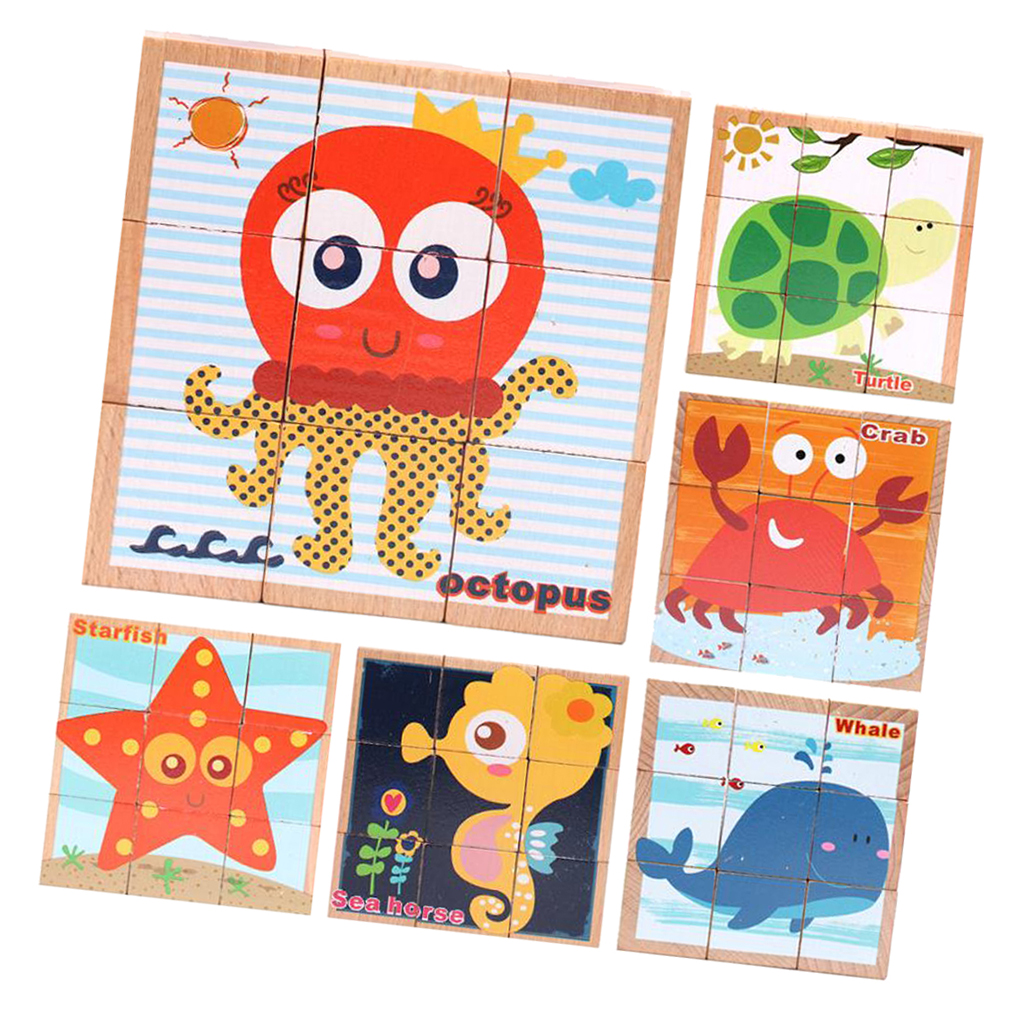 Wooden Marine life Building Blocks Preschool Cube Block Jigsaw Travel Puzzle