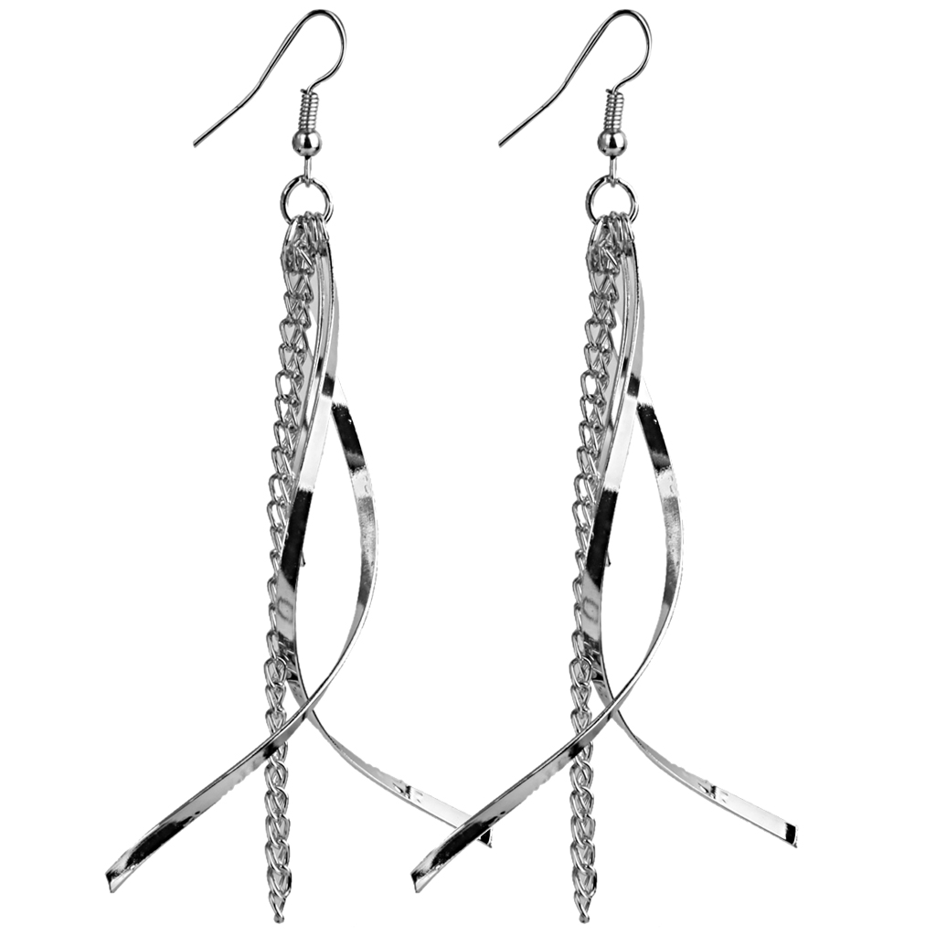1 Pair Fashion Women Lady Long Dangle Tassel Chain Earrings Studs - Silver