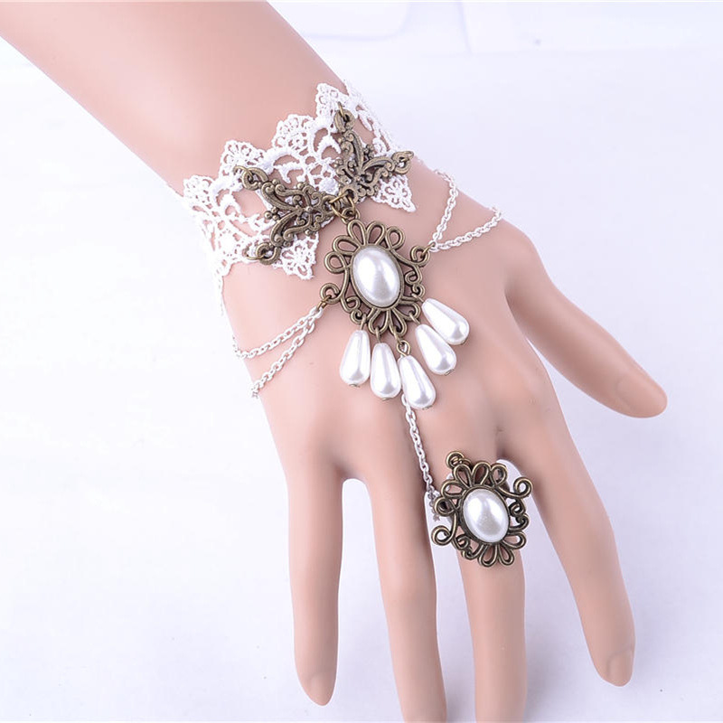 Retro Vintage Gothic Punk Style Lace Beads Slave Bracelet Ring White