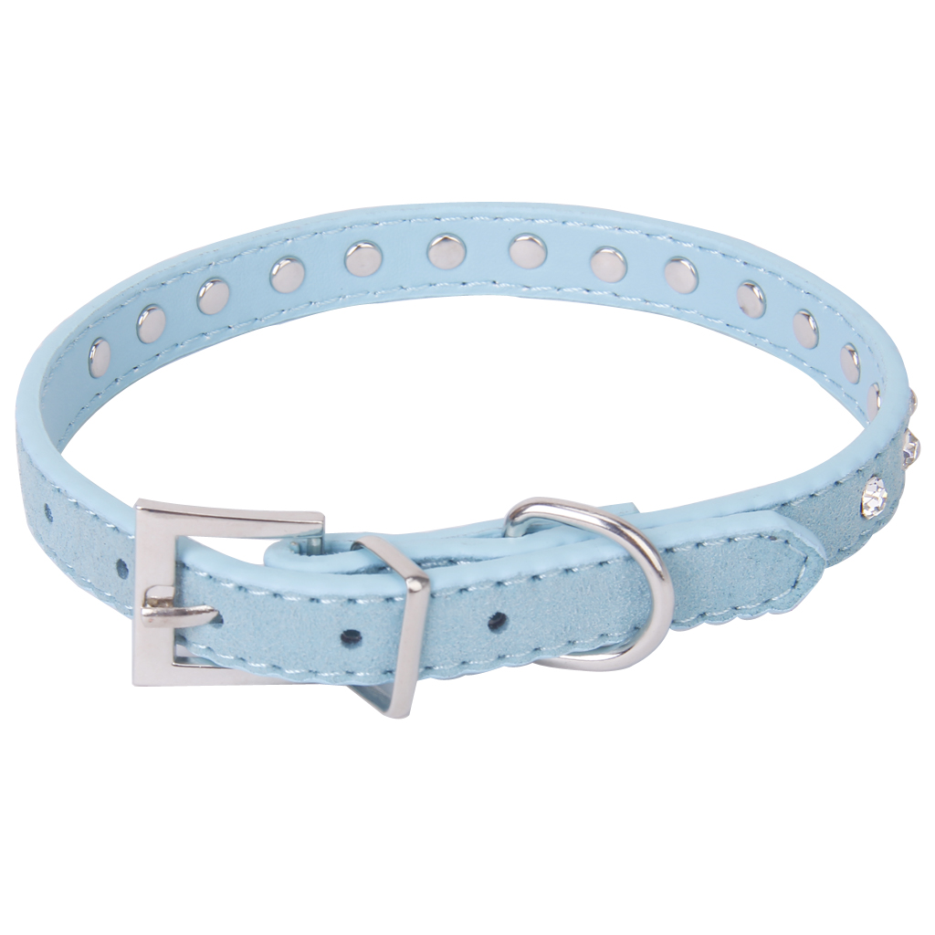 Pet Dog Cat Crystal Rhinestone Cow Suede Neck Collar Size S - Blue
