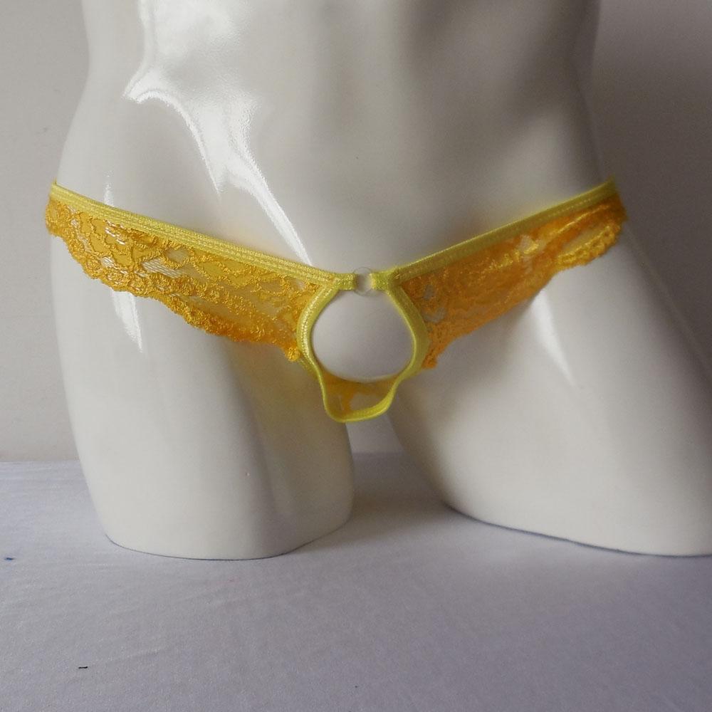 Sexy Men's See Through Lace Underwear Hollow Mini Brifes Yellow