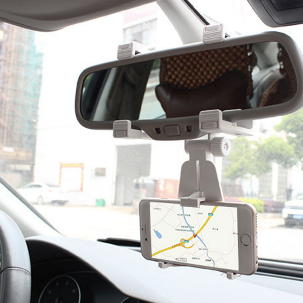 Adjustable Car Rearview Mirror Clip Mount GPS Bracket Phone Holder White