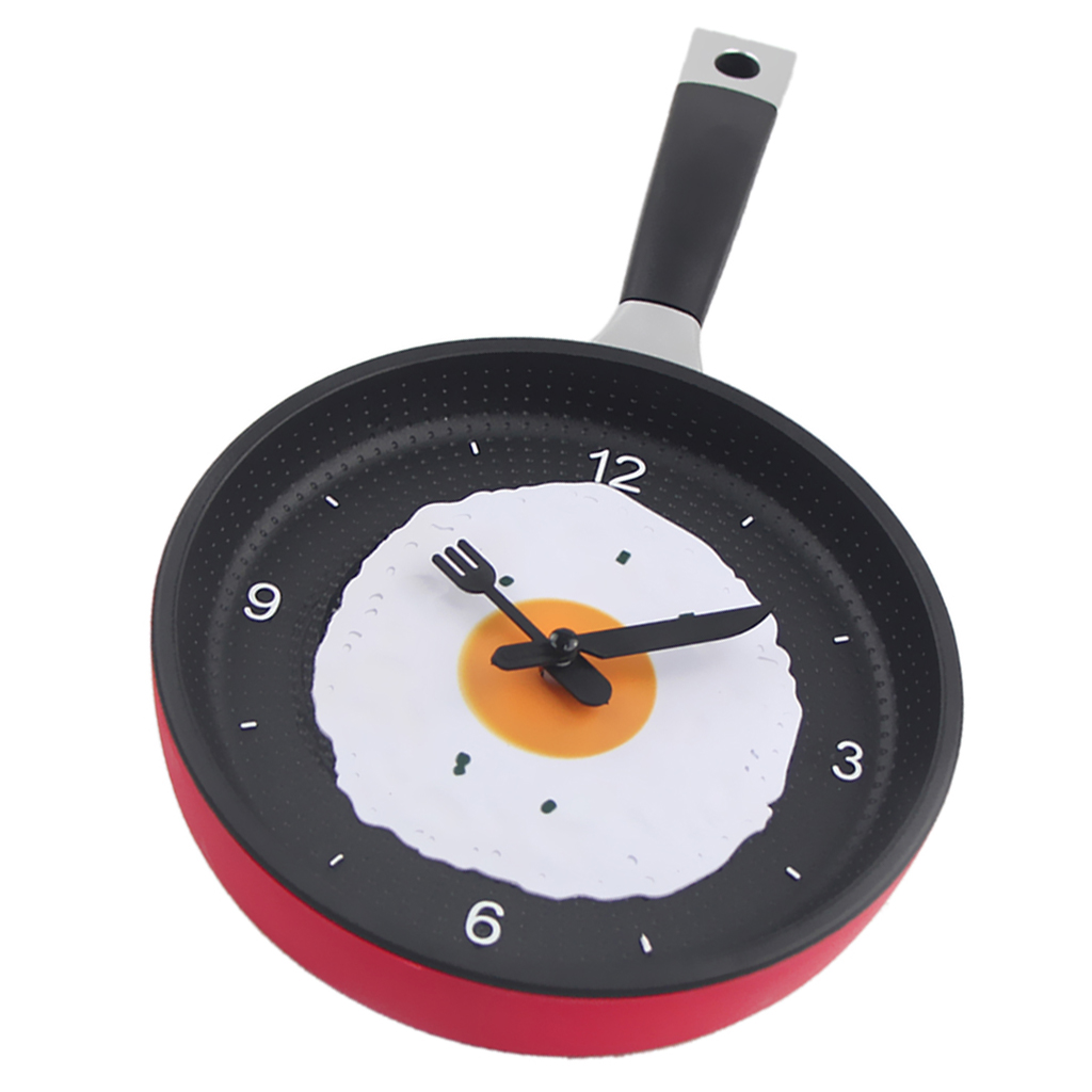 Creative Pan with Fried Egg Shape Wall Clock for Kitchen Bedroom Red