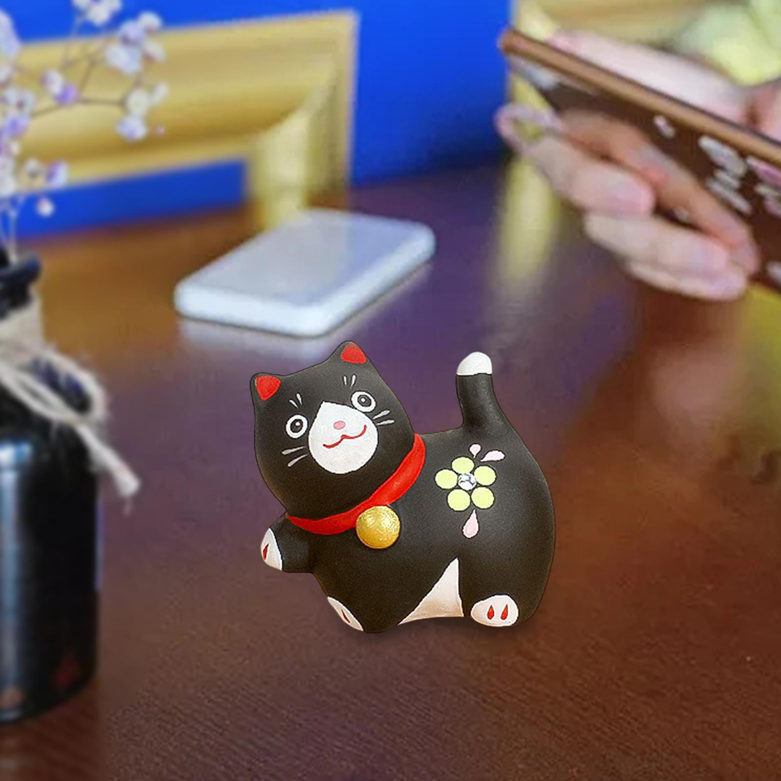 Lucky Cat Figurine Car Dashboard Ornament Small for Shelf Bedroom Black