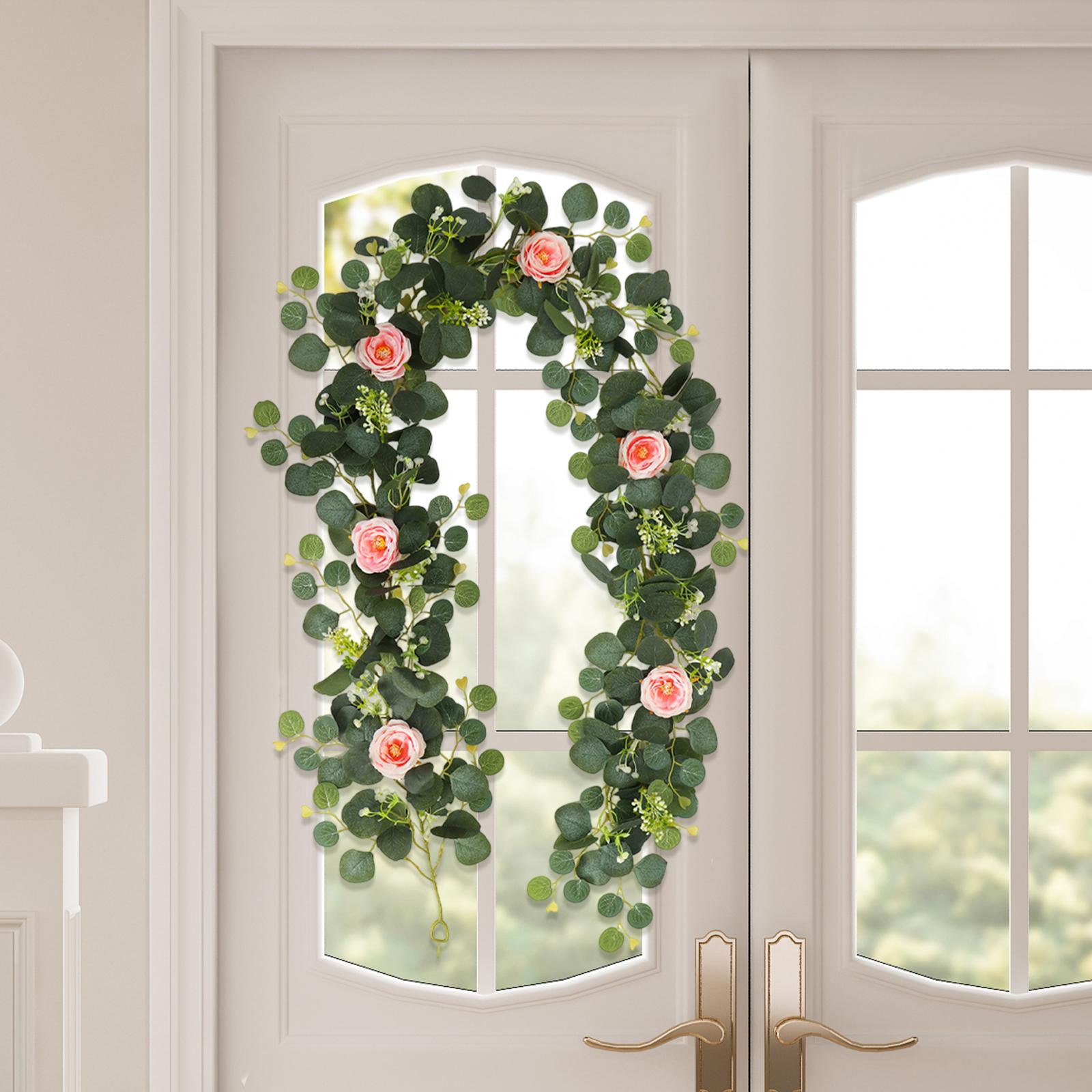 Artificial Green Leaf Vines Eucalyptus Garland with Flowers for Holiday Wall