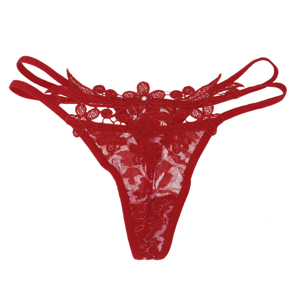 Sexy Sheer V-string Thong Underwear Lace Embroidered Panties Brief -Red