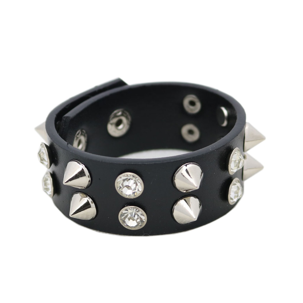 Bracelet PU Leather Black Wristband Punk Spike Bangle in Silver Rhinestone