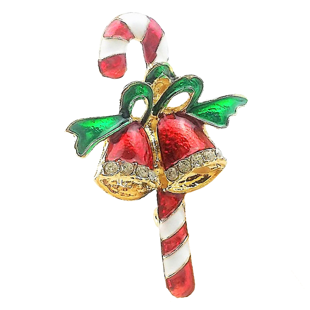 Enamel Cute Christmas Jingle Bell Walking Stick Collar Bag Pin Brooch