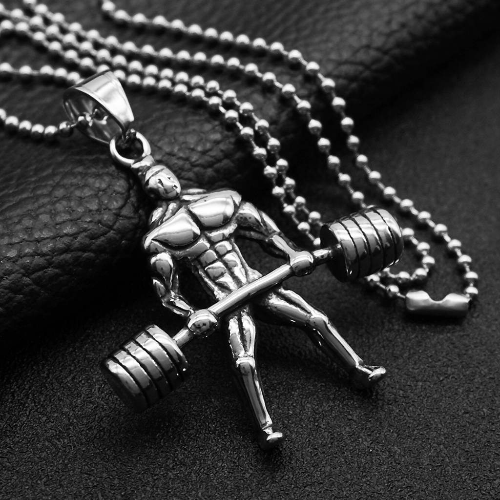 Fashion Men Stainless Steel Muscle Men Bodybuilder Barbell Necklace Pendant