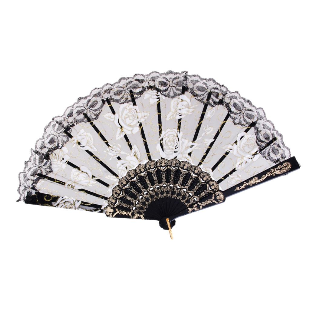 2xSweet Style Sequined Lace Rose Flowers Hand Fan Dancing Party Fan Black