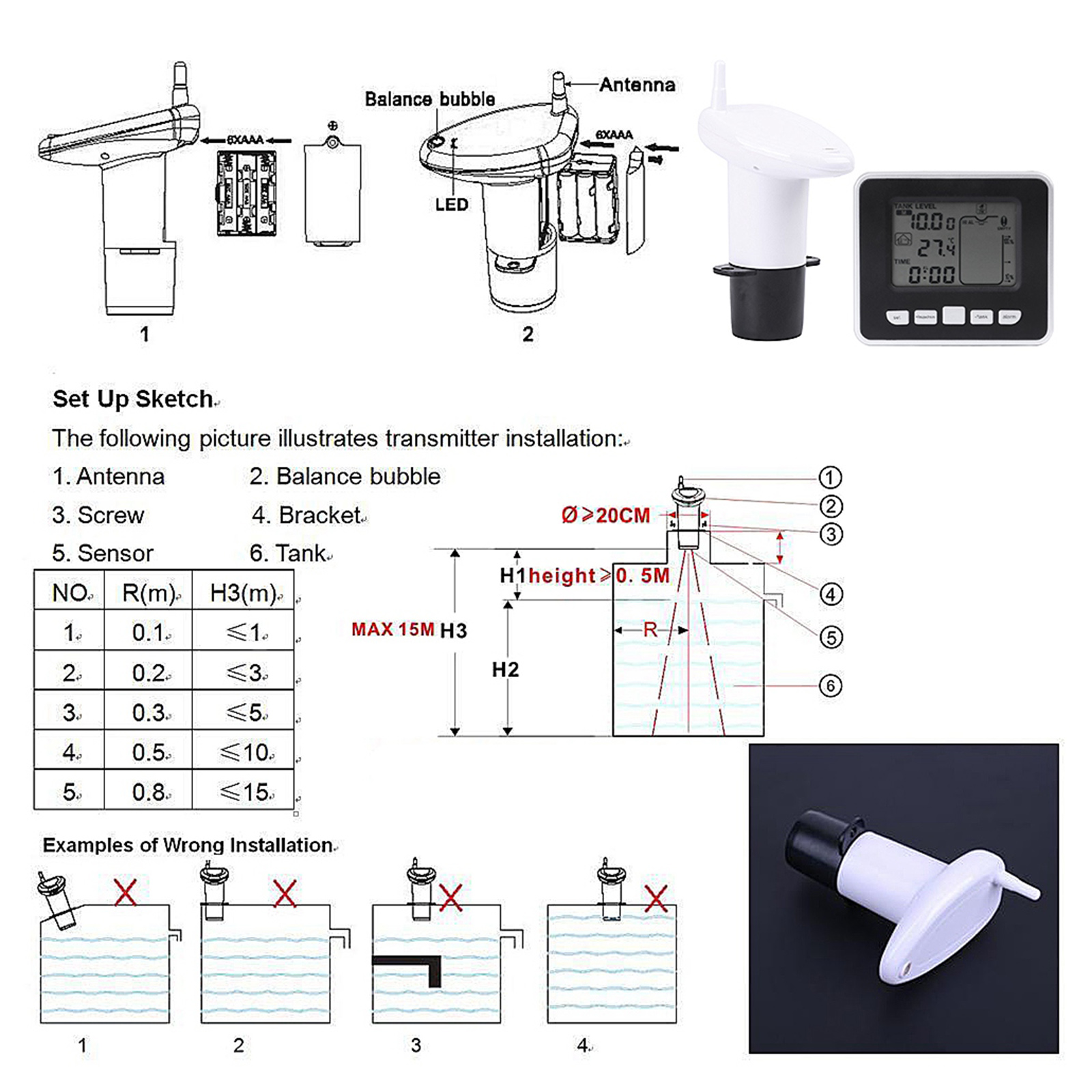 Ultrasonic Water Tank Liquid Depth Level Meter Sensor LCD Digital Display