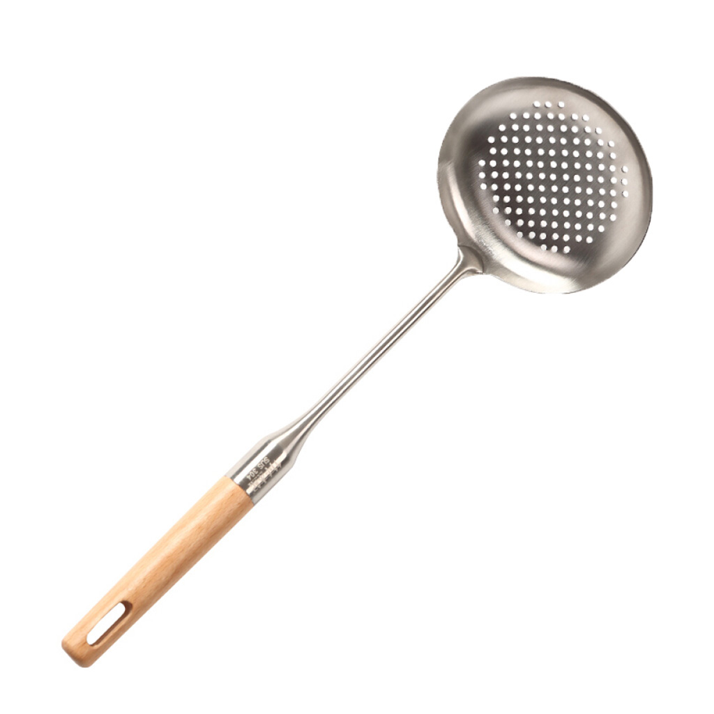 Stainless Steel Slotted Spoon Skimmer Heat Resistant Wooden Handle 15inches