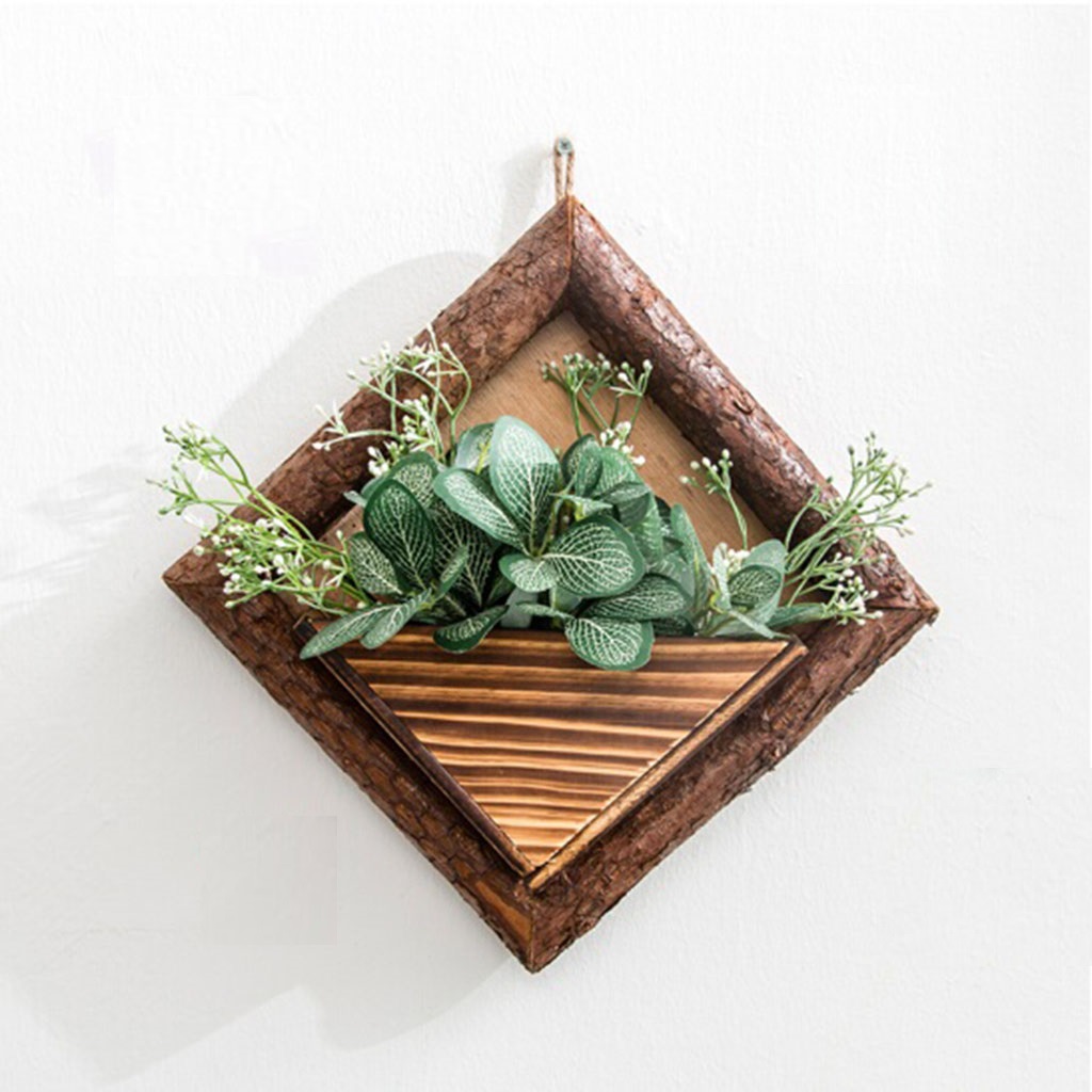 Handmade Wooden Wall-hanging Flowerpot with Flowers and Jute Rope C