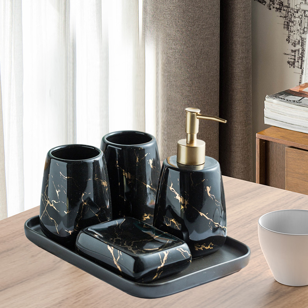 Bathroom Accessories Set CERAMIC Lotion Dispenser Tumbler Cup Black 5Pcs