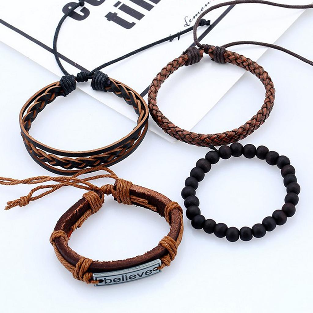 4 Pieces/Set Leather Bracelet Braided Wristband Mens Beads Punk Jewelry