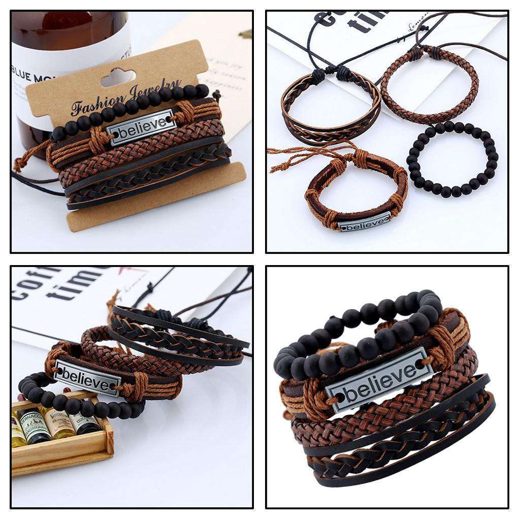 2x4 Pieces/Set Leather Bracelet Braided Wristband Mens Beads Punk Jewelry