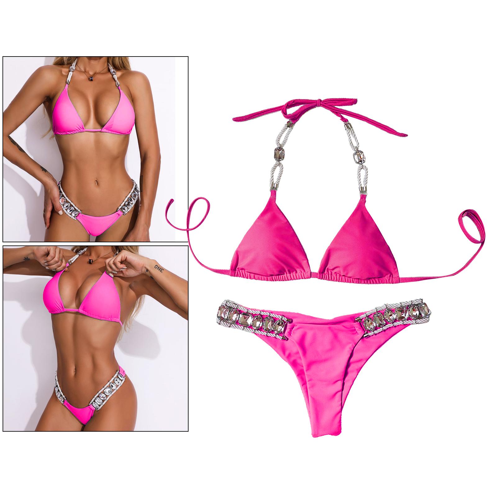Women Rhinestone Swimsuit Bra Thong Bikini Set Bathing Suit Swimwear Rose L
