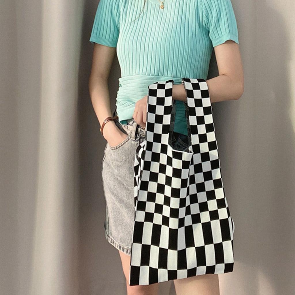Grid Pattern Lady Shoulder Bag Handbag Hand Bag Women Totes Black White