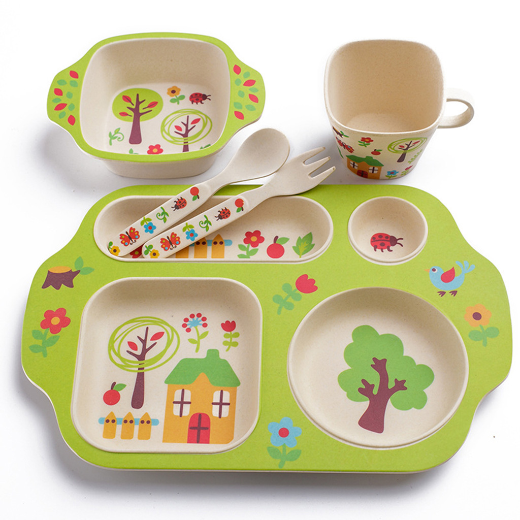 5Pcs//set Bamboo Fiber Baby Plate Bowl Cup Fork Spoon Baby Kids Feeding Tableware