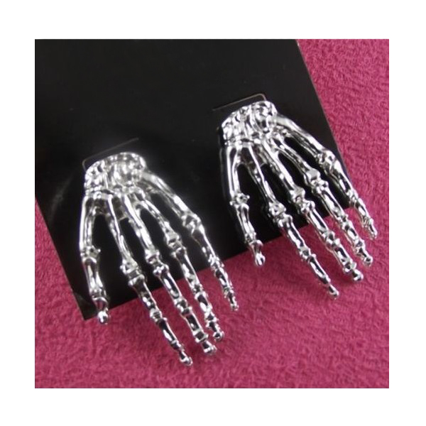 Pair Silver Punk Gothic Big Skeleton Hand Stud Earring