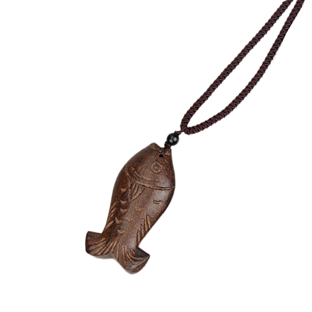 Woman Oxhide Artificial Leather Necklace Wood Lucky Fish Pendant Brown