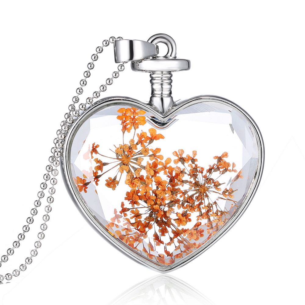 Glass Bottle Heart Dried Orange Flower Pendant Necklace Chain Silver Plated