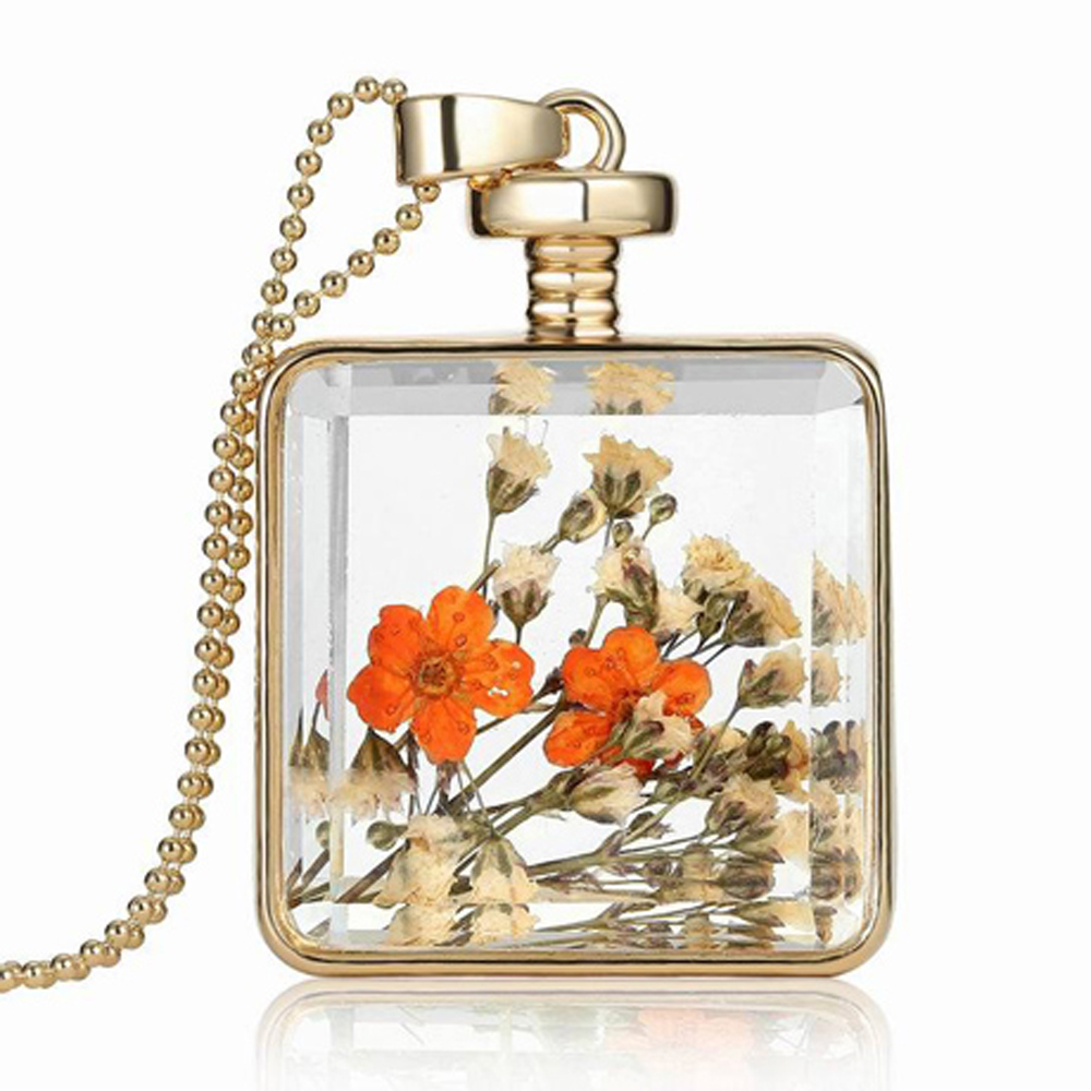 Fashion Glass Square Bottle Floating Dried Flower Locket Gold Chain Necklace