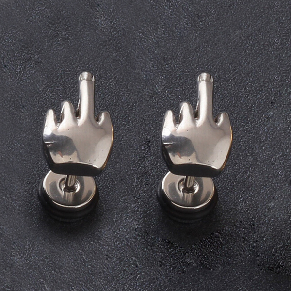 Fashion 316L Surgical Steel Middle Finger Shape Jewelry Stud Earrings Silver