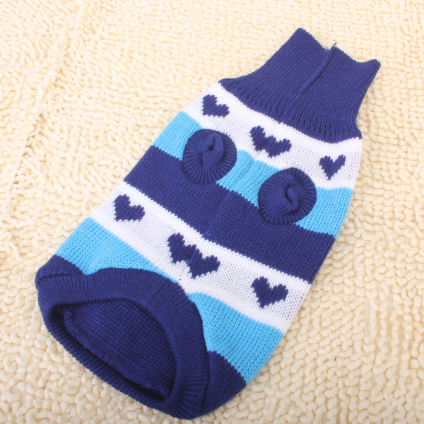 Blue Turtleneck Heart-shaped Pattern Stripe Dog Sweater Clothes - M