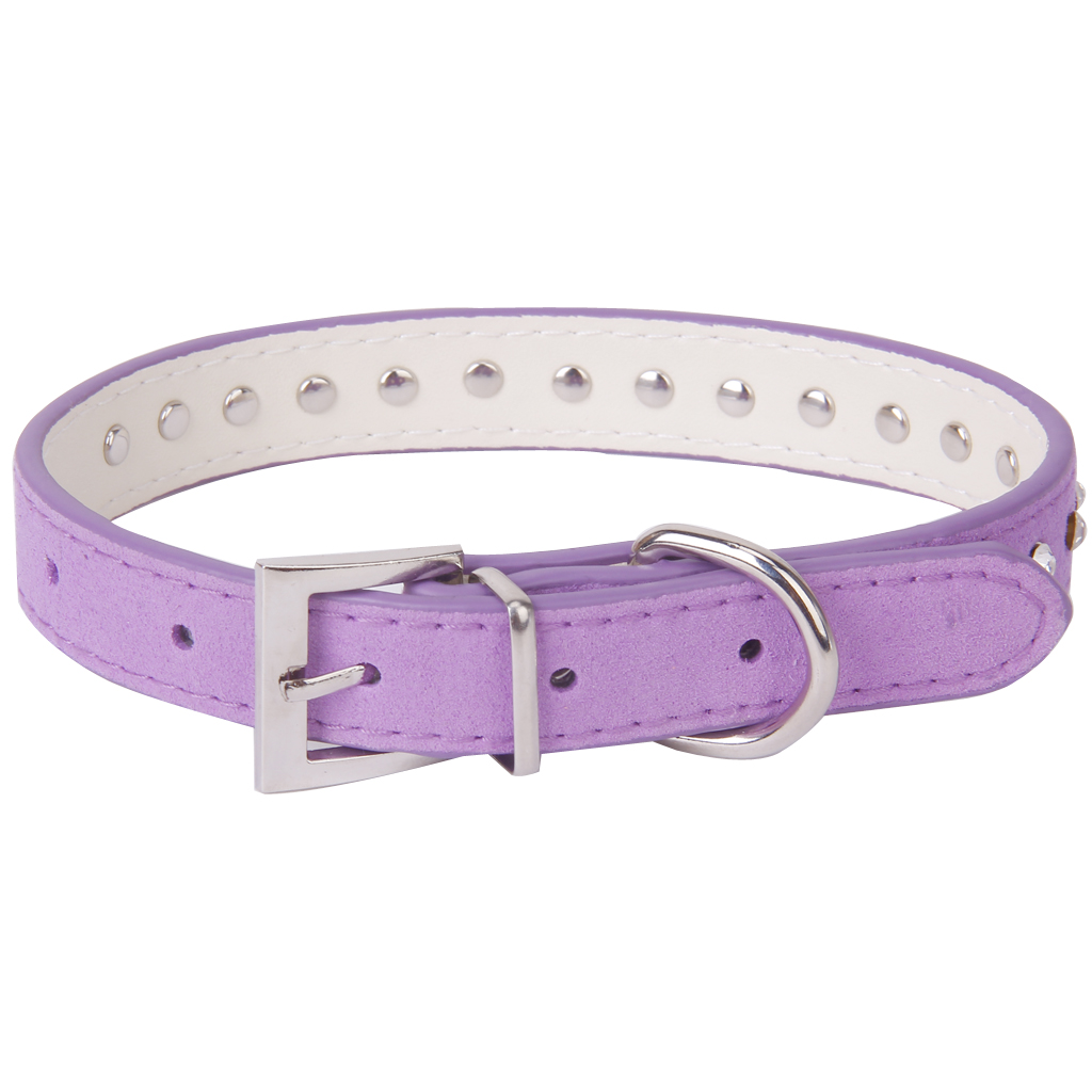 Pet Dog Cat Crystal Rhinestone Cow Suede Neck Collar Size M - Purple