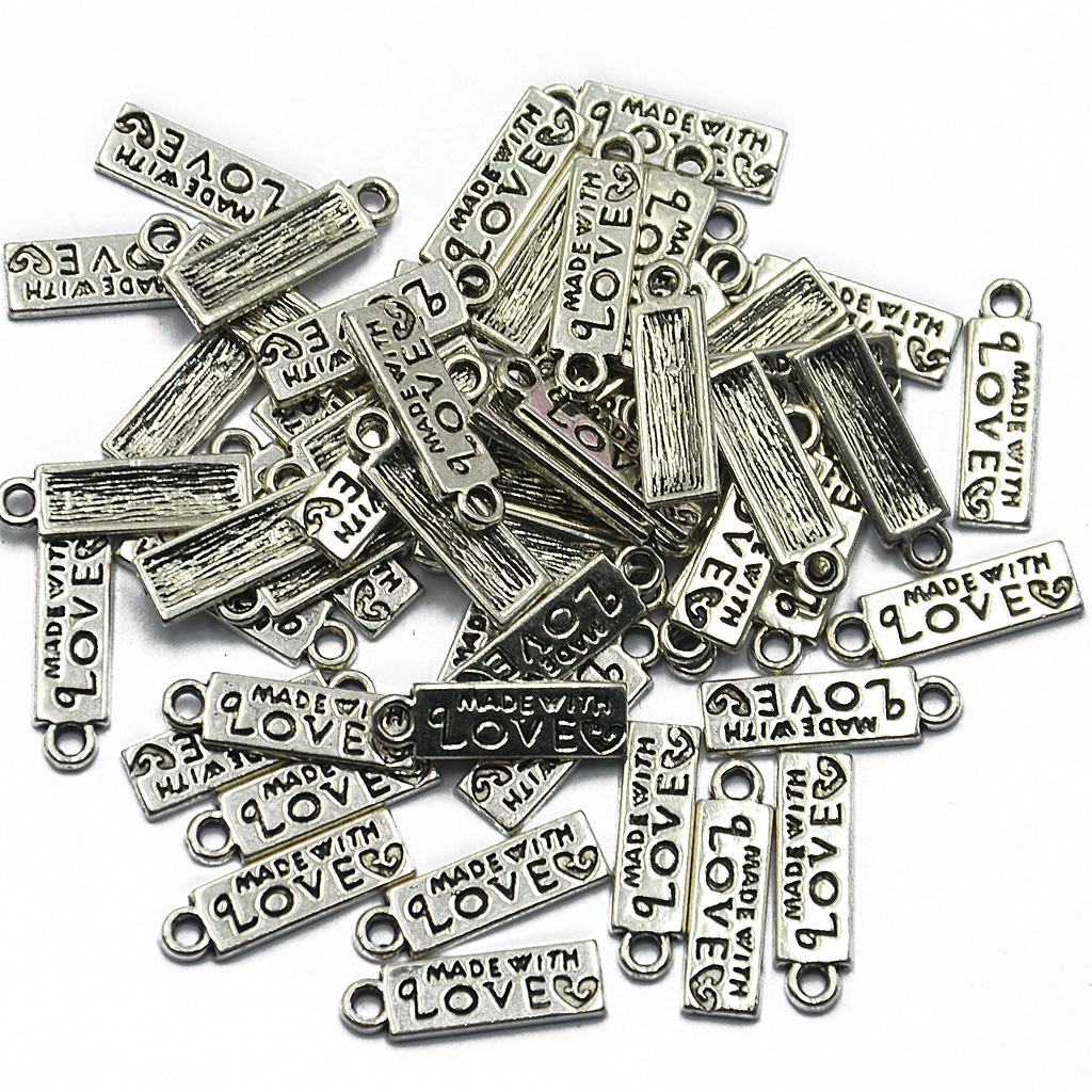 50pcs Tibet Silver MADE WITH LOVE  Heart Rectangle Heart Charms Pendant
