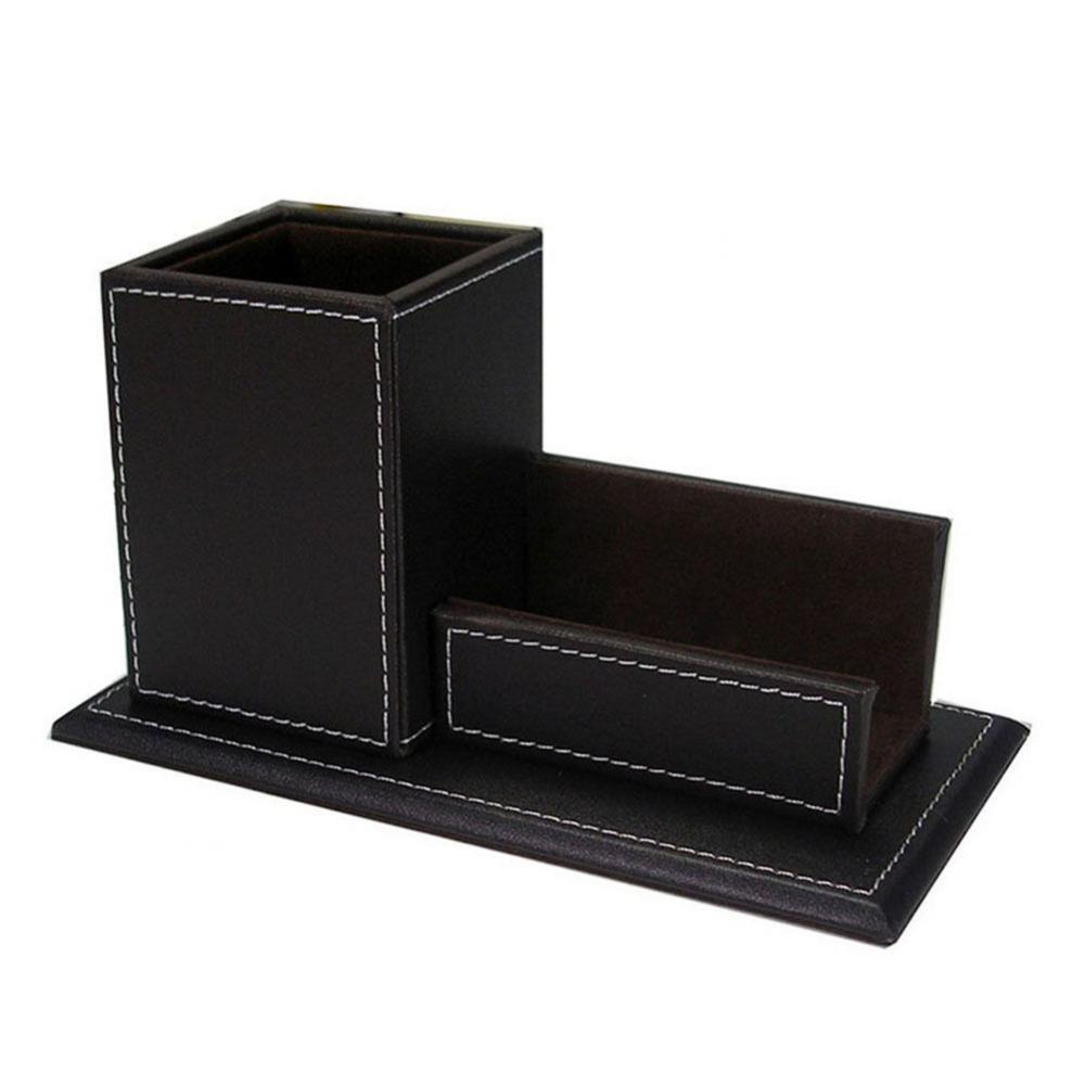 Business Office Desk PU Leather Stationery Pens Holder Organizer Box M Brown
