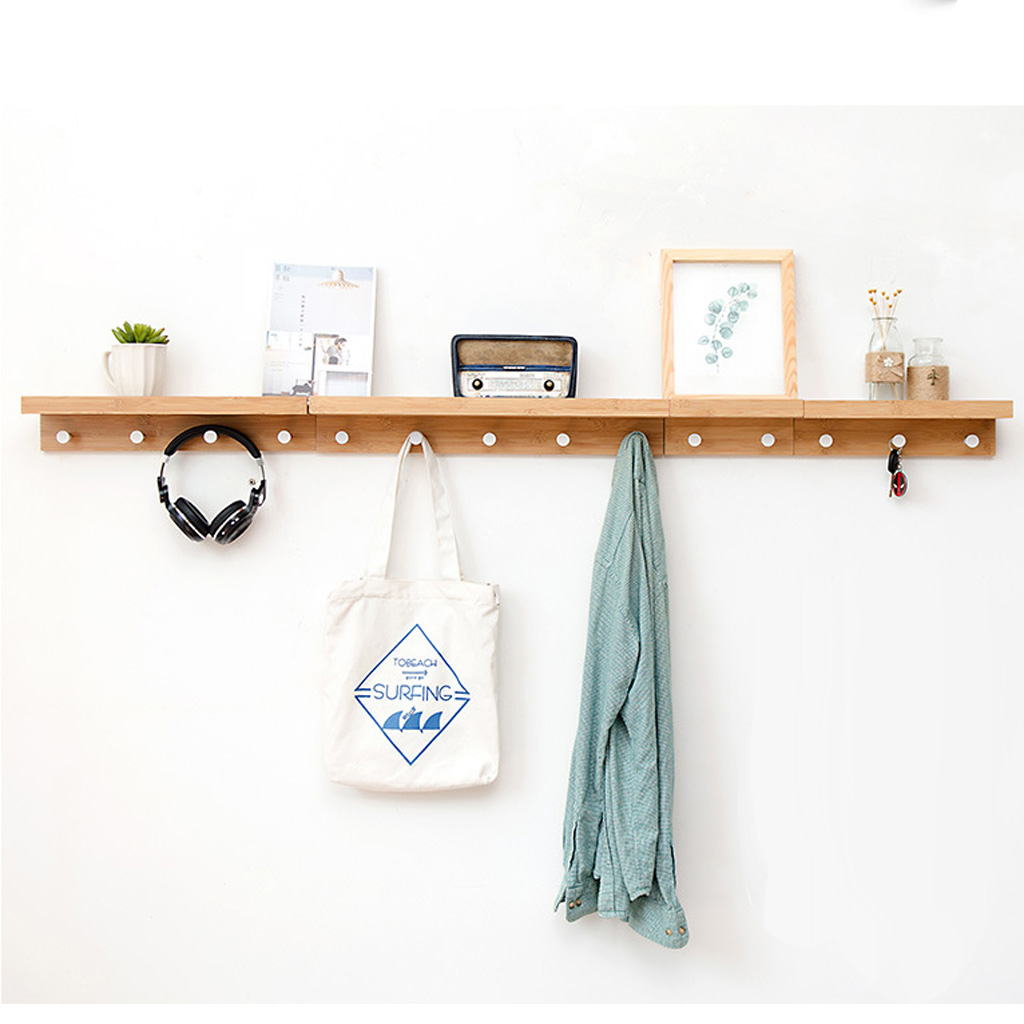 Bamboo Wall Mounted Shelf with Hooks for Home I